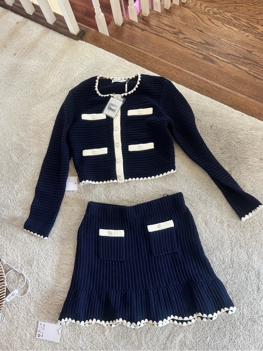 Self-Portrait Navy Knit Cardigan and Skirt Set with White Trim